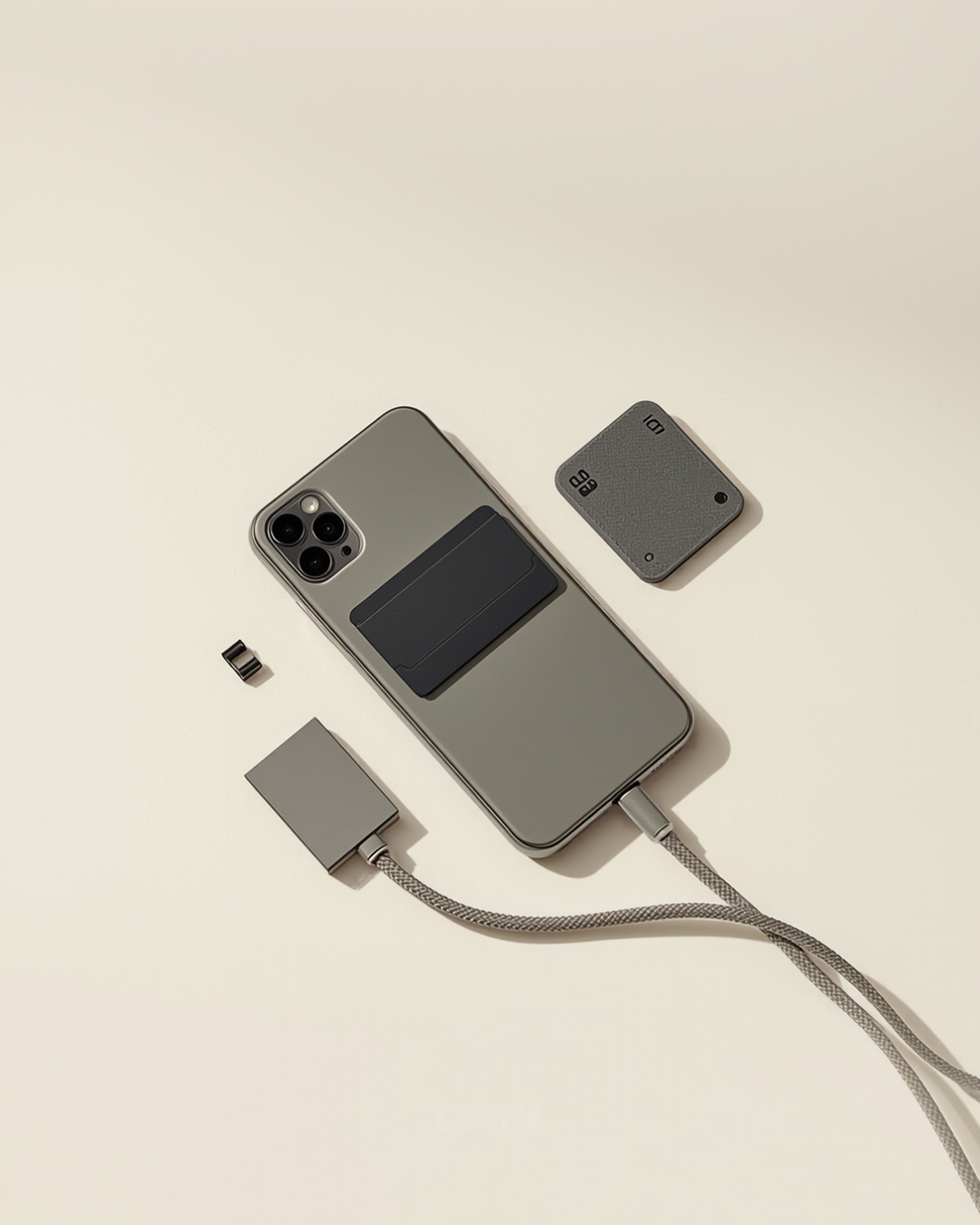 Flat lay of a phone with a magnetic card wallet on the back, a magnetic accessory, and a braided charging cable