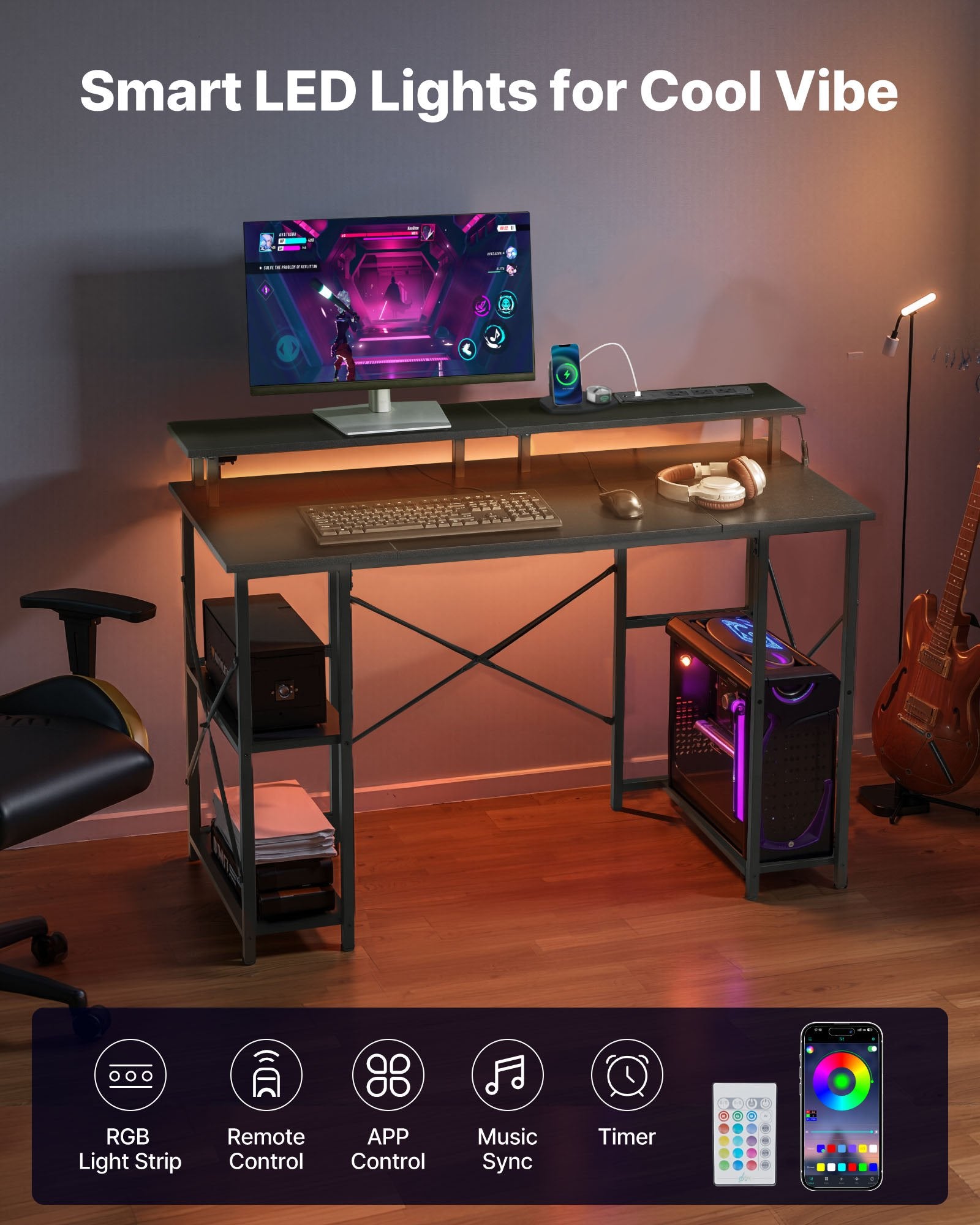 Gaming Desk, 47 in, with LED Strip, Outlets & Shelves, image 4
