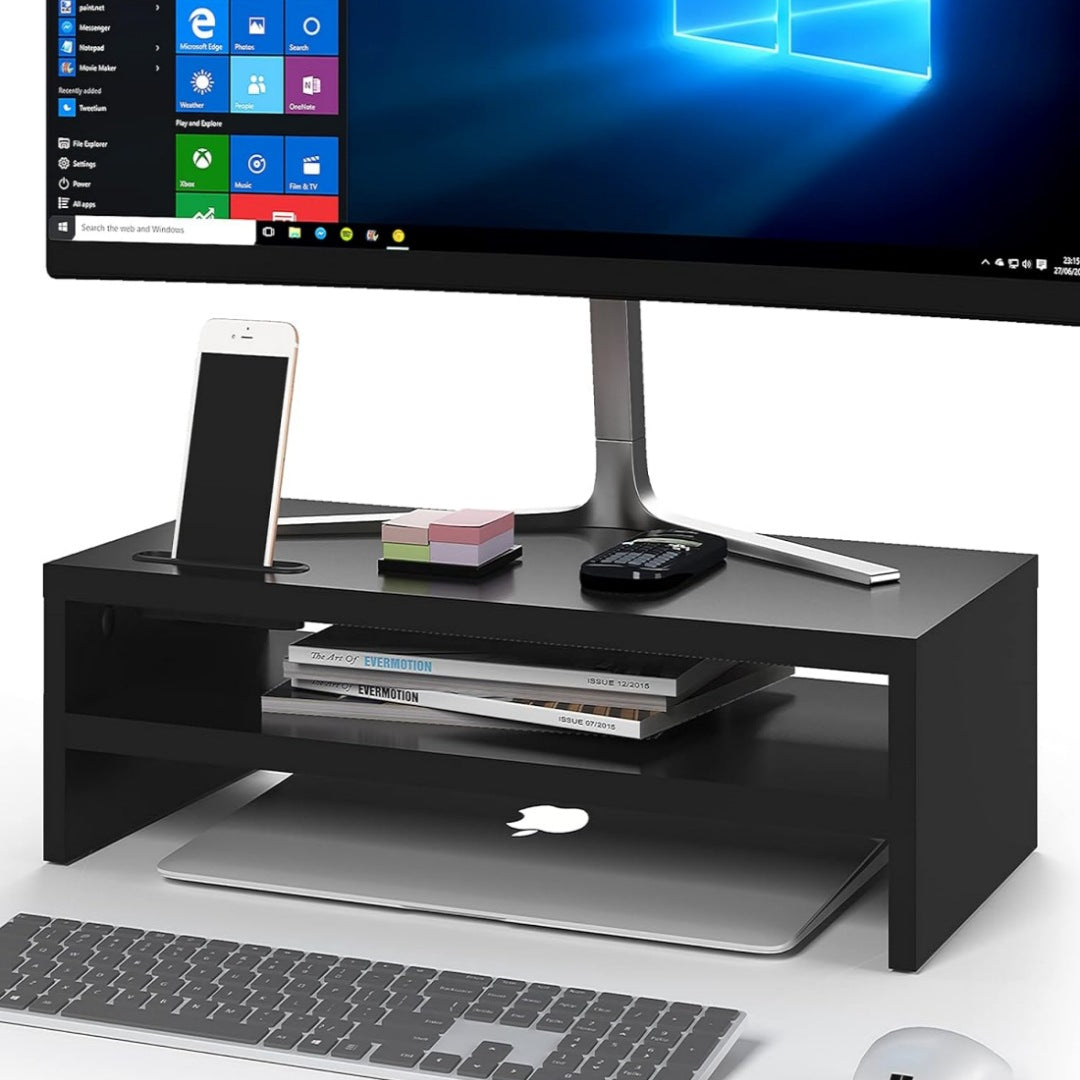 Two-Tier Wooden Monitor Riser with Storage, image 3