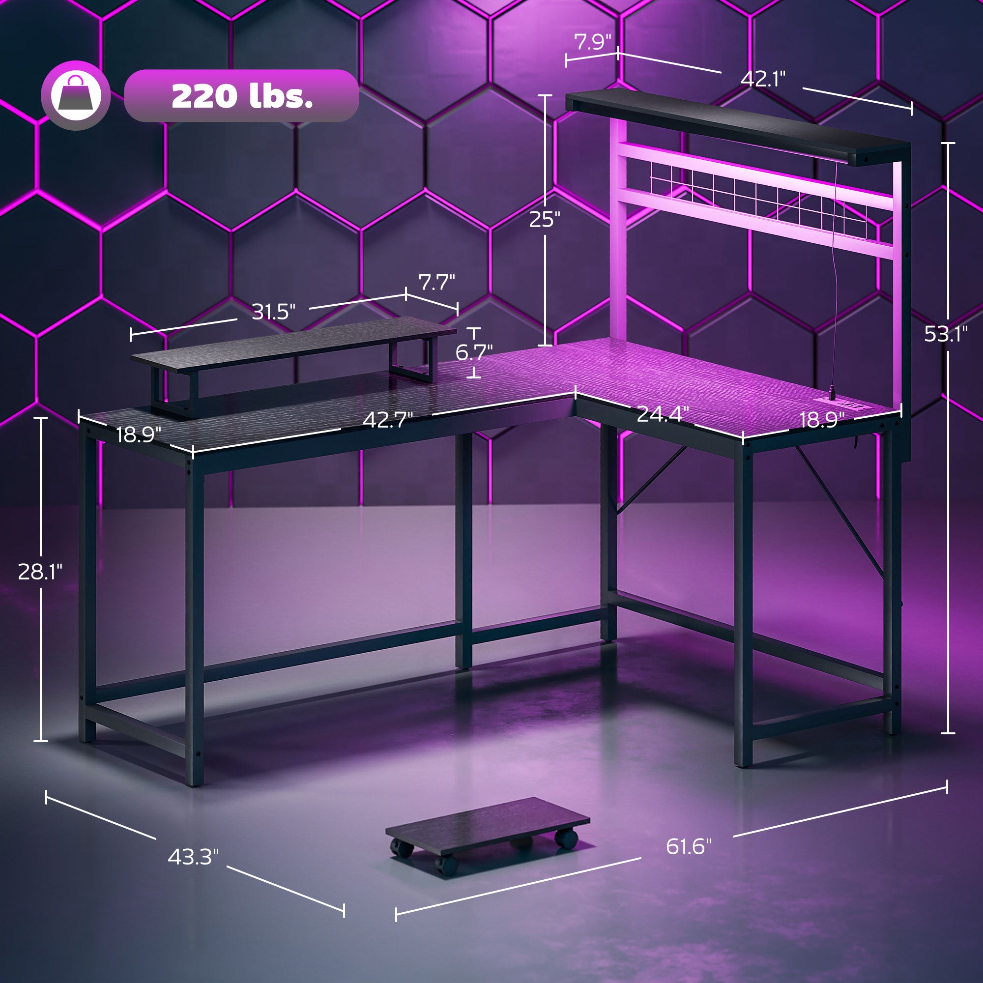 L-Shaped Gaming Desk, 61.6 in, with LED Strip & Outlets, image 5