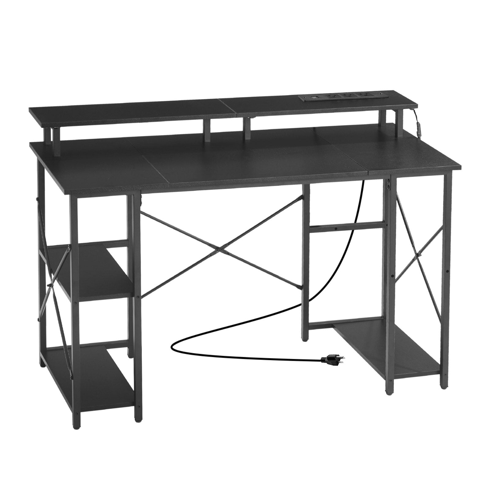 Gaming Desk, 47 in, with LED Strip, Outlets & Shelves