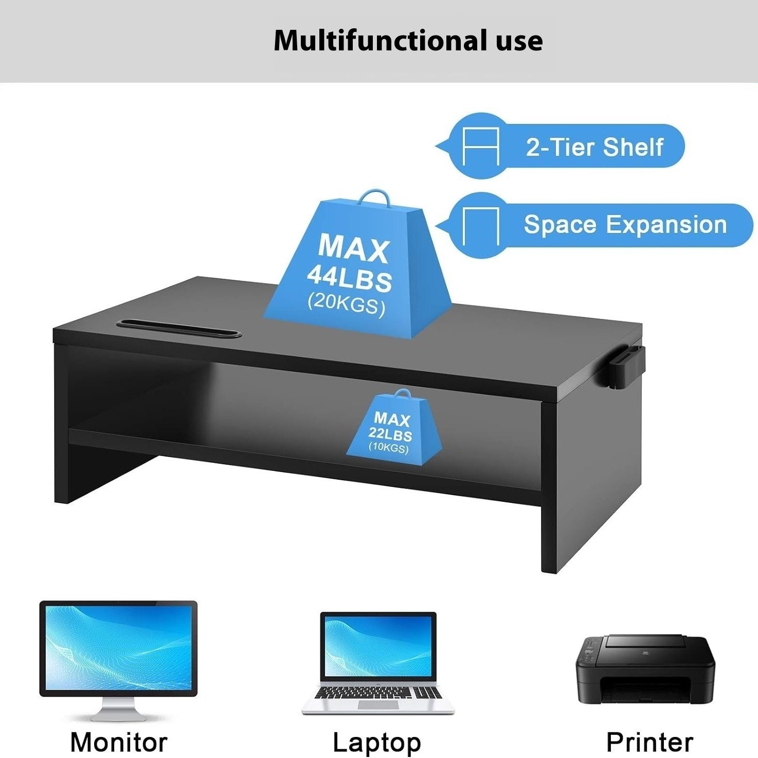 Two-Tier Wooden Monitor Riser with Storage, image 2
