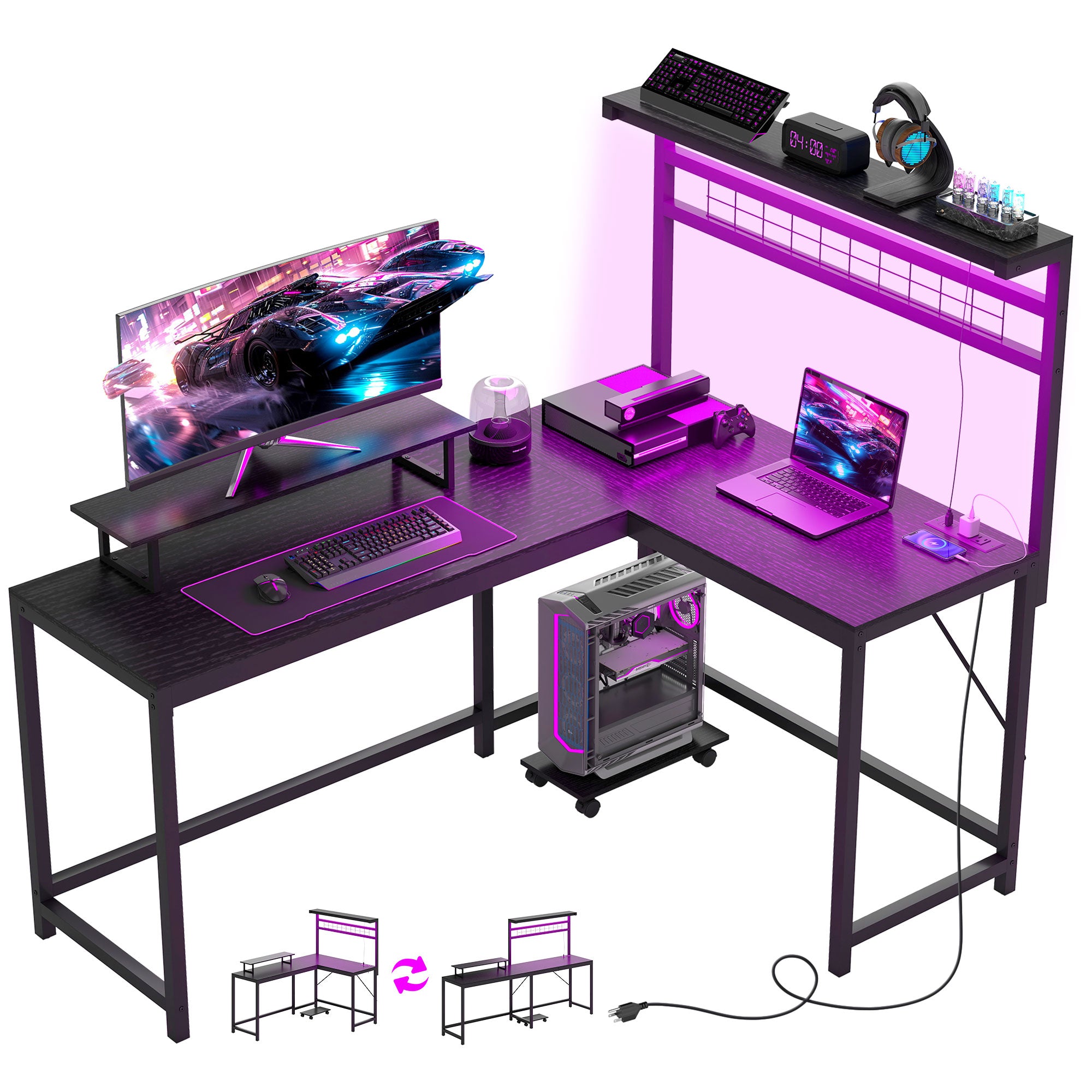 L-Shaped Gaming Desk, 61.6 in, with LED Strip & Outlets, image 6