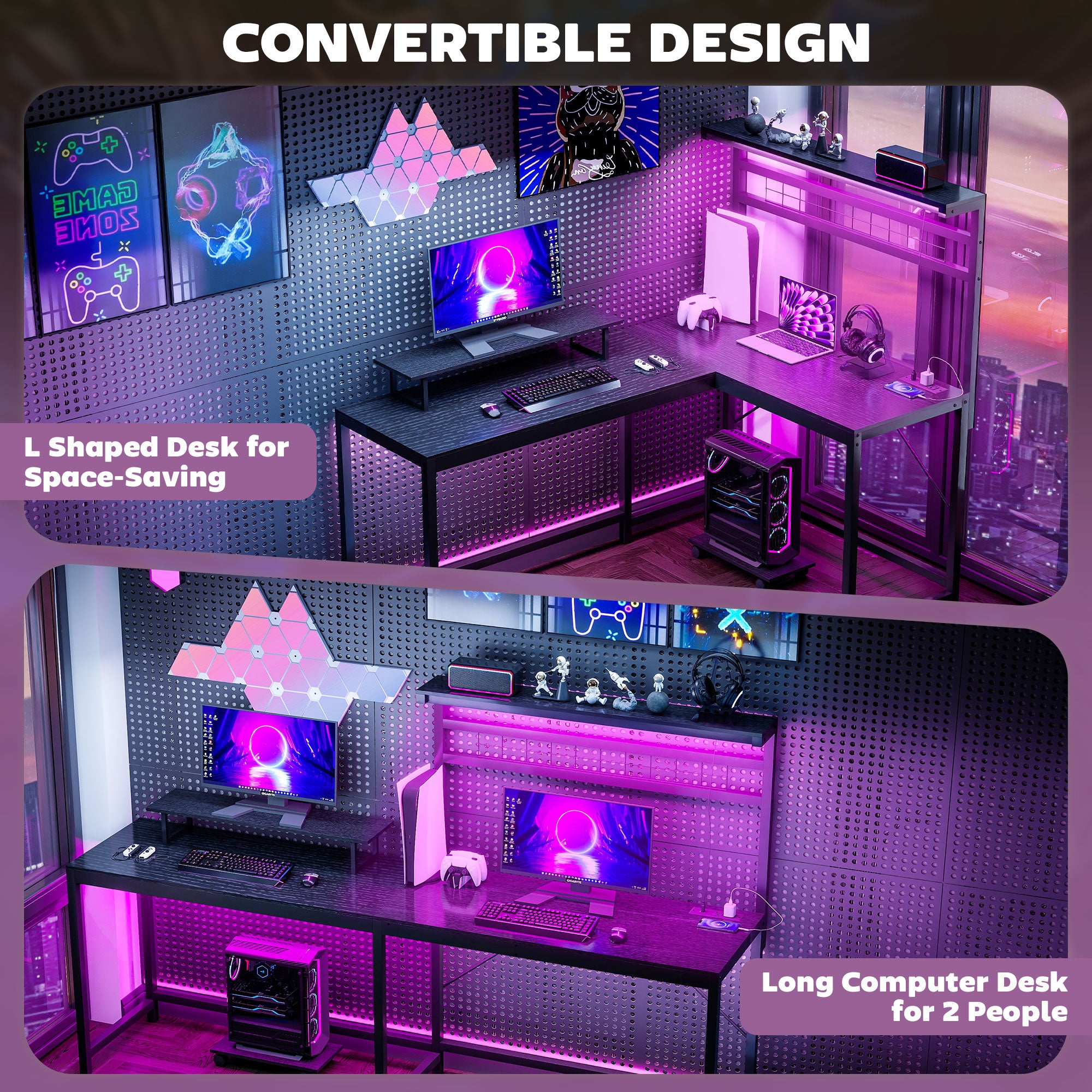 L-Shaped Gaming Desk, 61.6 in, with LED Strip & Outlets, image 3