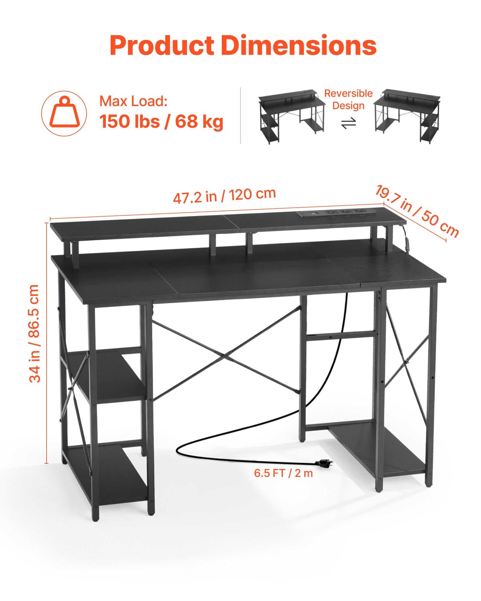 Gaming Desk, 47 in, with LED Strip, Outlets & Shelves, image 2
